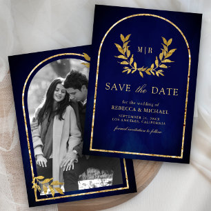 Gold Laurel Wreath Leaves Royal Blue Wedding Save The Date