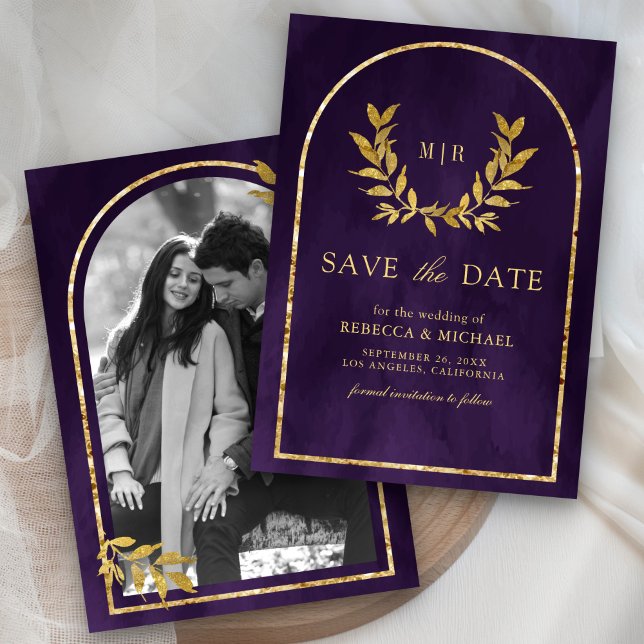 Gold Laurel Wreath Leaves Royal Purple Wedding Save The Date (Creator Uploaded)