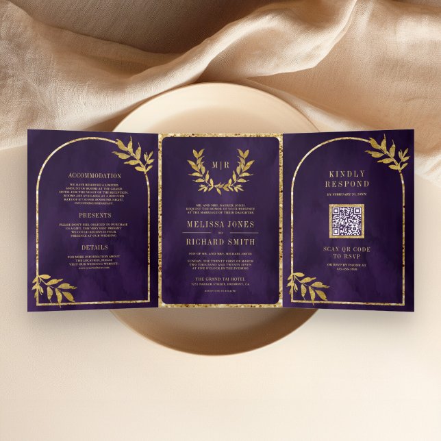 Gold Laurel Wreath Leaves Royal Purple Wedding Tri-Fold Invitation (Creator Uploaded)