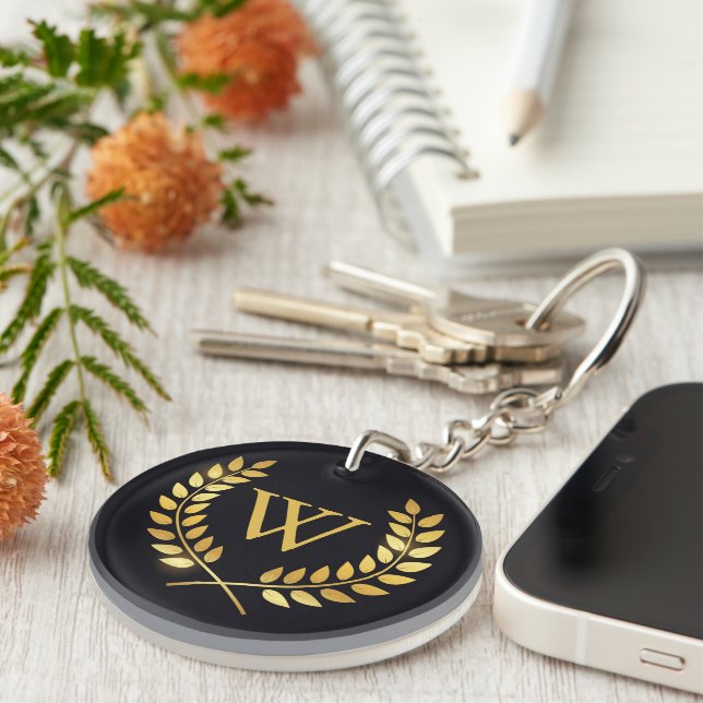 Gold Laurel Wreath Monogram Keychain (Front Right)