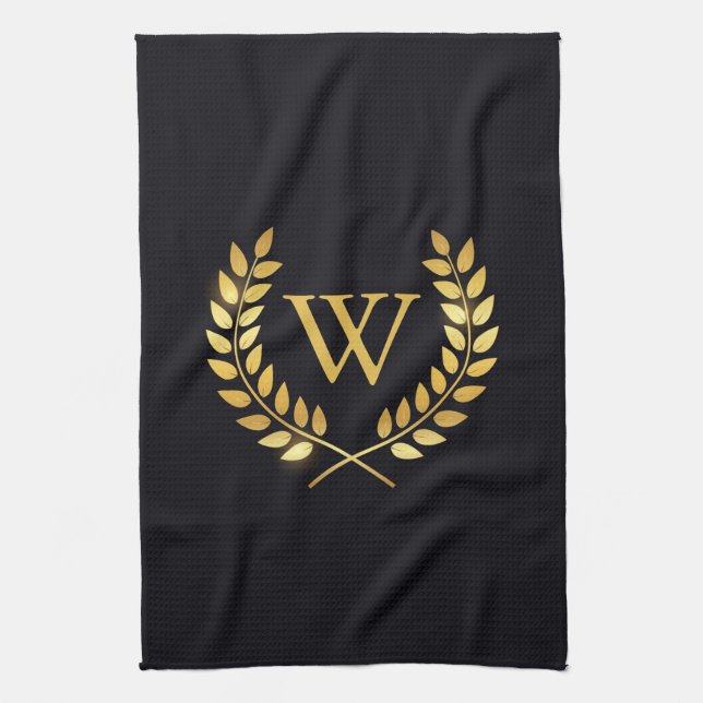 Gold Laurel Wreath Monogram Kitchen Towel (Vertical)