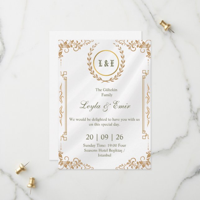 Gold Laurel Wreath Monogram Save the Date (Front/Back In Situ)
