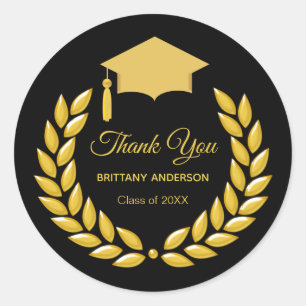 Gold Laurel Wreath Thank You Graduation on  Black Classic Round Sticker