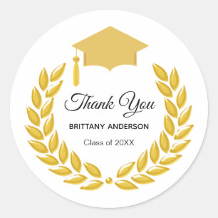 Gold Laurel Wreath Thank You Graduation on White Classic Round Sticker