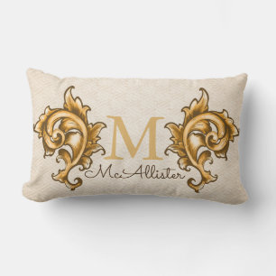 Gold Laurels Faux Woven Beige Print - Family Name Lumbar Pillow