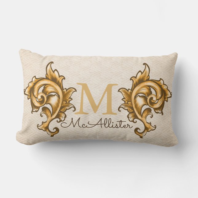 Gold Laurels Faux Woven Beige Print - Family Name Lumbar Pillow (Front)