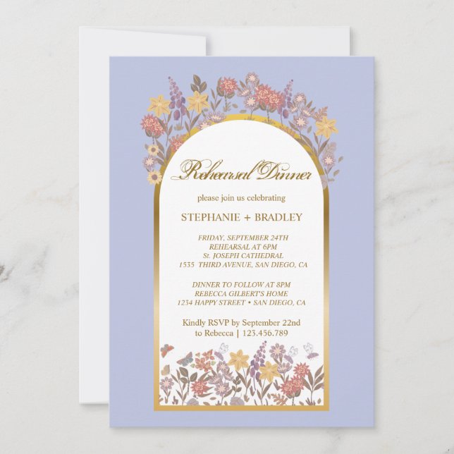 Gold Lavender Elegant Wedding Rehearsal Dinner Invitation (Front)