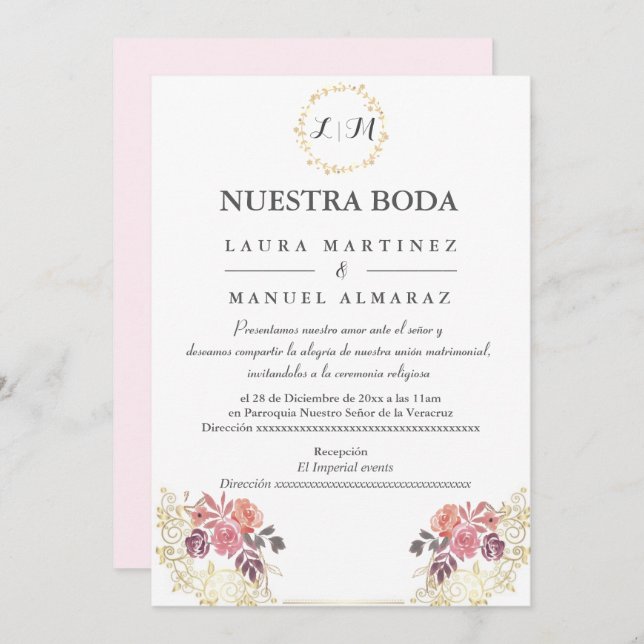 Gold Lavenderblush Floral Wedding Spanish Invitation (Front/Back)