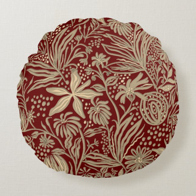 Gold Lazy Floral Pattern on Deep Red Round Pillow (Front)