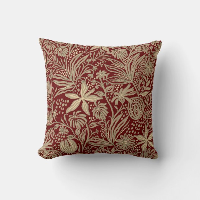 Gold Lazy Floral Pattern on Deep Red Throw Pillow (Front)