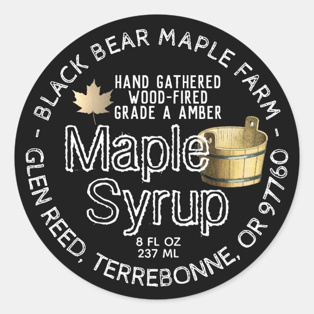 Gold Leaf and Bucket Wood Fired Maple Syrup Black  Classic Round Sticker (Front)