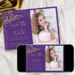 Gold Leaf and Calligraphy Purple Photo Save The Date<br><div class="desc">Elegant Gold Leaf and Purple Save the Date with your own photo and ornate hand lettered calligraphy. The template is set up for you to upload a picture of the quince and personalize with your celebration date. The design has fine line drawn leaves and solid gold leaf foliage with confetti....</div>