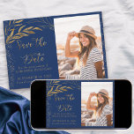 Gold Leaf and Calligraphy Royal Blue Photo Save The Date<br><div class="desc">Elegant Gold Leaf and Royal Blue Save the Date with your own photo and ornate hand lettered calligraphy. The template is set up for you to upload a picture of the quince and personalize with your celebration date. The design has fine line drawn leaves and solid gold leaf foliage with...</div>