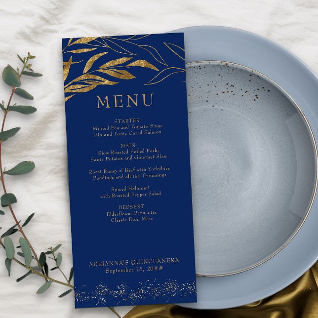 Gold Leaf and Confetti Royal Blue Menu (Royal Blue Menu from my Gold Leaf Quinceanera Collection)