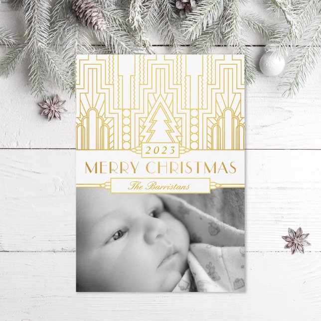 Gold Leaf Art Deco Merry Christmas Photo Card (Creator Uploaded)