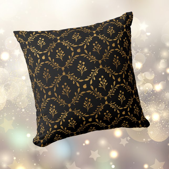 Gold Leaf Berry Frame Pattern on Black Throw Pillow (Creator Uploaded)