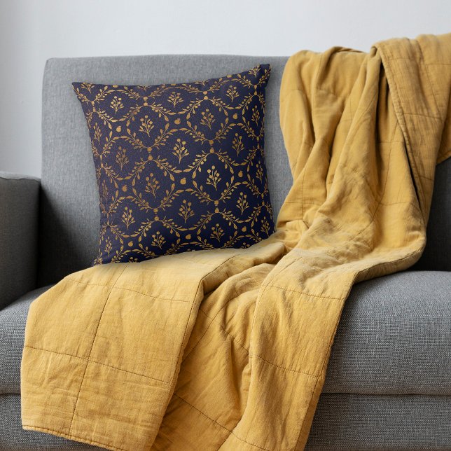 Gold Leaf Berry Frame Pattern on Navy Blue Throw Pillow (Creator Uploaded)