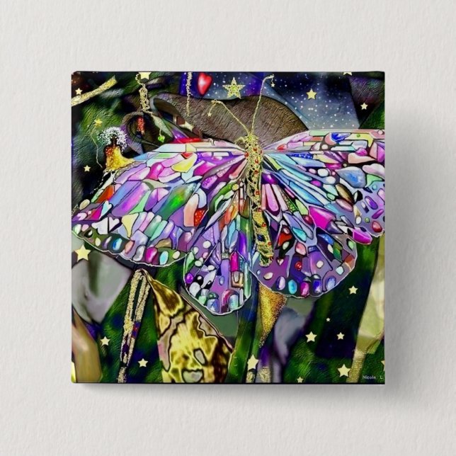 Gold Leaf Butterfly 2 Inch Square Button (Front)