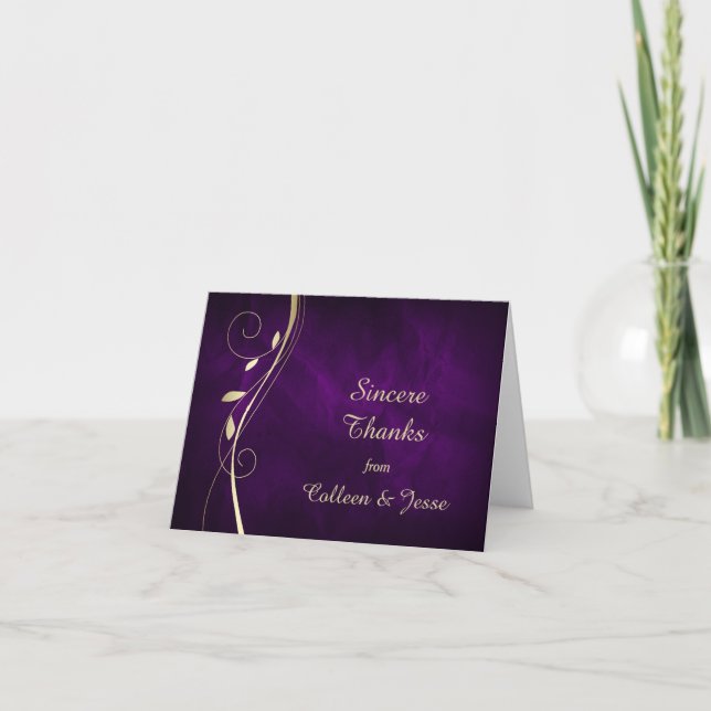 Gold Leaf Deep Purple Wedding Thank You Card (Front)