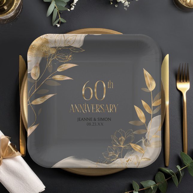 Gold Leaf Floral 60th Anniversary ID1169 Paper Plate (Creator Uploaded)