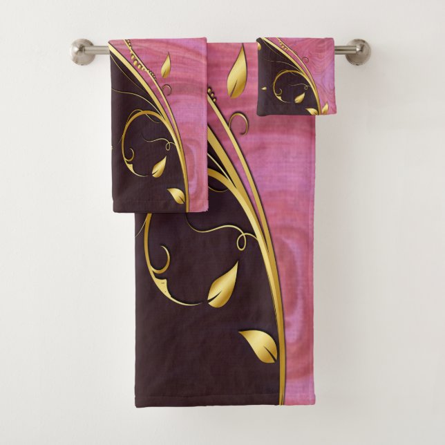 Gold Leaf Flourish on Burgundy and Pink Swirl Bath Towel Set (Insitu)
