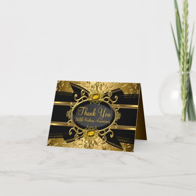 Gold Leaf & Gem 50th Anniversary Thank You Card (Front)