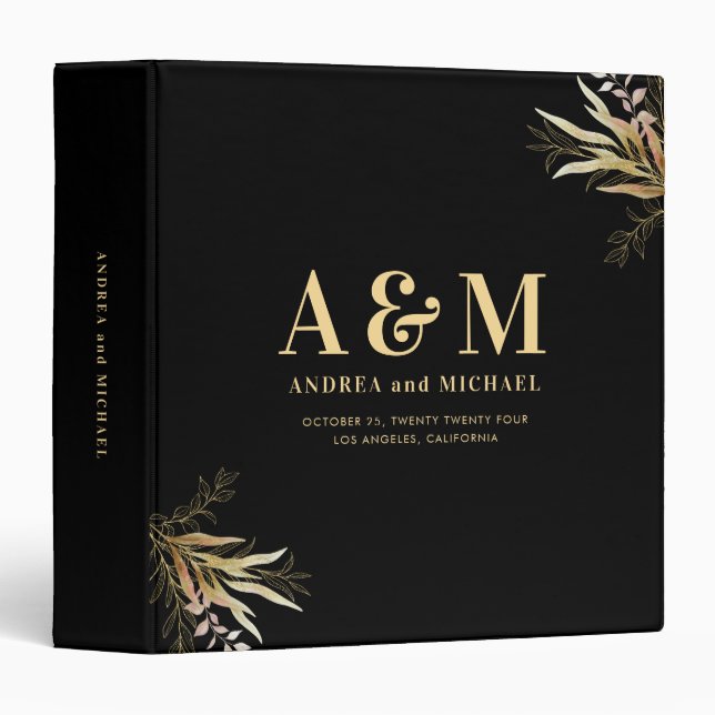 Gold Leaf Greenery Black Monogram Elegant Wedding Binder (Front/Spine)