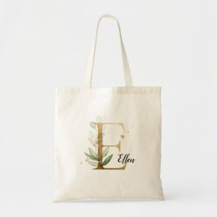 Gold Leaf Greenery Elegant Foliage Monogram "E" Tote Bag
