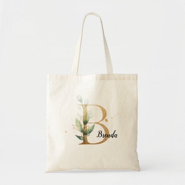 Gold Leaf Greenery Elegant Foliage Personalize"B" Tote Bag (Front)