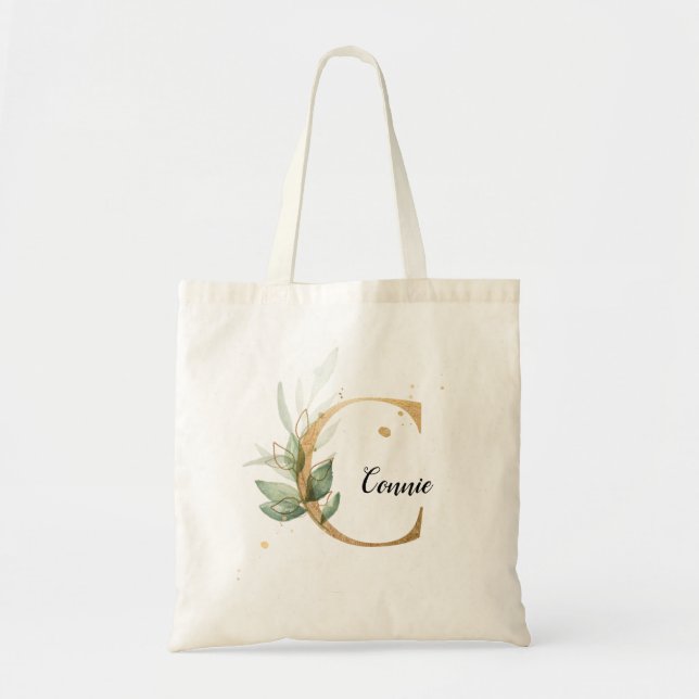 Gold Leaf Greenery Elegant Foliage Personalize "C" Tote Bag (Front)