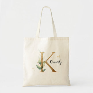 Gold Leaf Greenery Elegant Foliage Personalize "K" Tote Bag