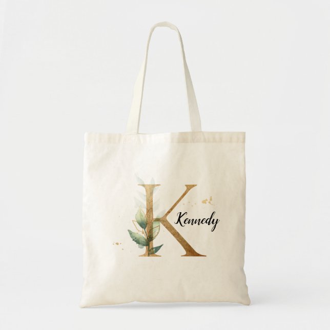 Gold Leaf Greenery Elegant Foliage Personalize "K" Tote Bag (Front)
