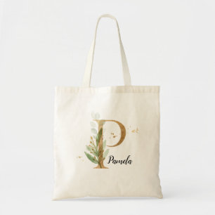 Gold Leaf Greenery Elegant Foliage Personalize "P" Tote Bag