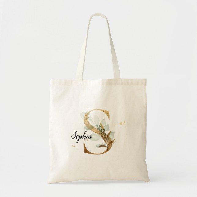Gold Leaf Greenery Elegant Foliage Personalize "S" Tote Bag (Front)