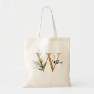 Gold Leaf Greenery Elegant Foliage Personalize "W" Tote Bag