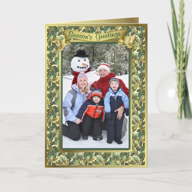 Gold Leaf Holly Folded Christmas Photo Holiday Card (Front)