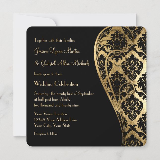 Gold Leaf Look Damask Scroll Formal Wedding Invite (Front)