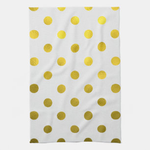 Gold Leaf Metallic Faux Foil Large Polka Dot White Kitchen Towel