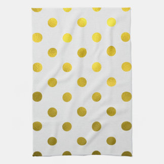 Gold Leaf Metallic Faux Foil Large Polka Dot White Kitchen Towel