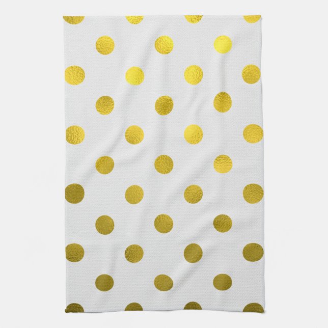 Gold Leaf Metallic Faux Foil Large Polka Dot White Kitchen Towel (Vertical)