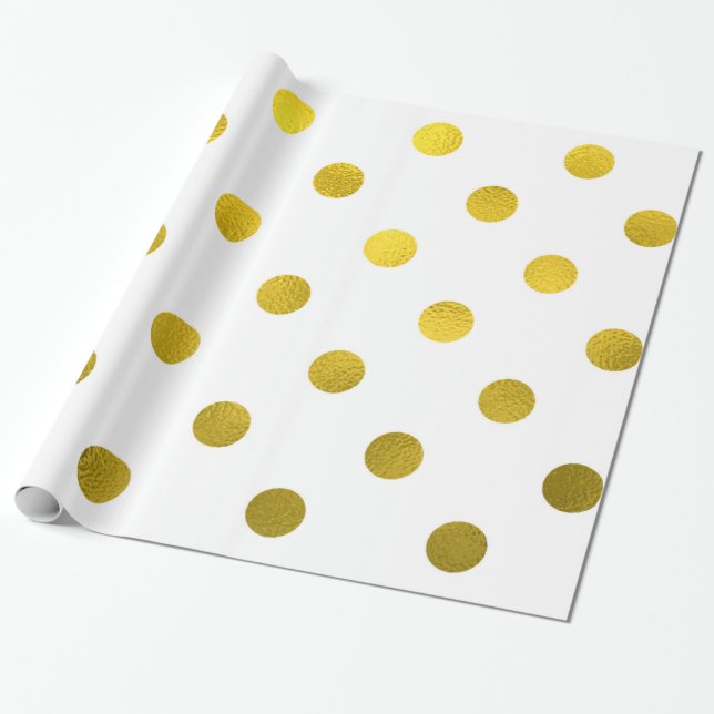 Gold Leaf Metallic Faux Foil Large Polka Dot White Wrapping Paper (Unrolled)