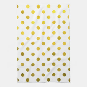 Gold Leaf Metallic Faux Foil Small Polka Dot White Kitchen Towel