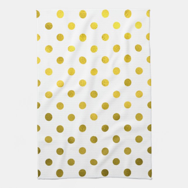 Gold Leaf Metallic Faux Foil Small Polka Dot White Kitchen Towel (Vertical)
