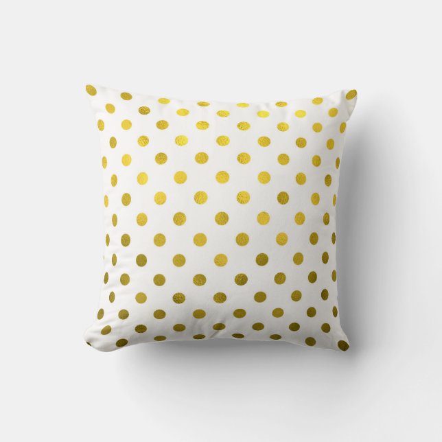 Gold Leaf Metallic Faux Foil Small Polka Dot White Throw Pillow (Front)