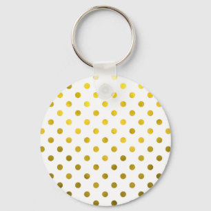 Gold Leaf Metallic Polka Dot on White Dots Pattern Keychain