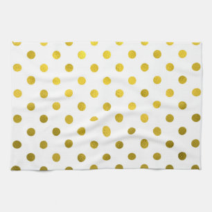 Gold Leaf Metallic Polka Dot on White Dots Pattern Kitchen Towel