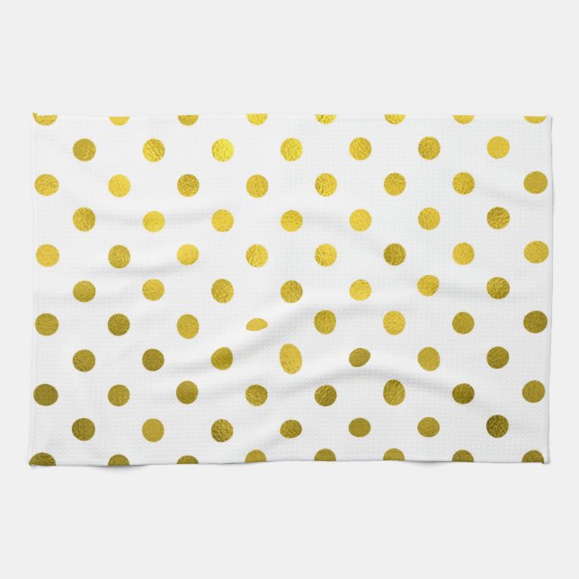 Gold Leaf Metallic Polka Dot on White Dots Pattern Kitchen Towel (Horizontal)