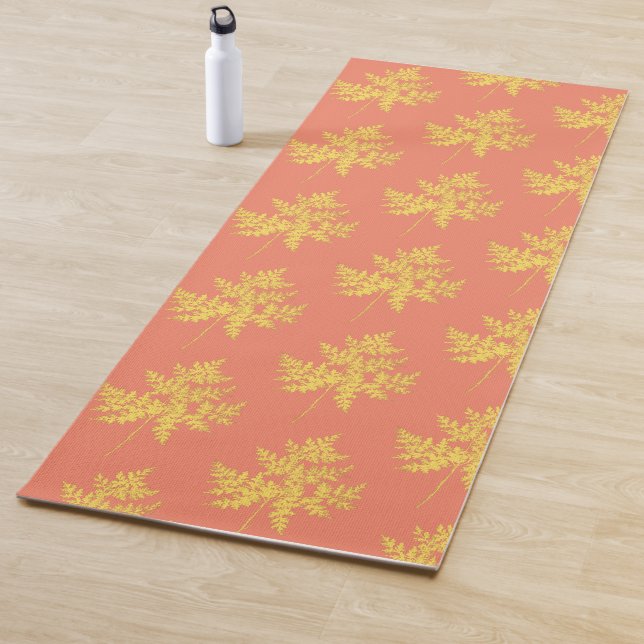 Gold Leaf on Coral Botanical Pattern Yoga Mat (In Situ)