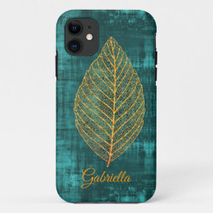 Gold Leaf on Teal Green Satin -*personalize* iPhone 11 Case