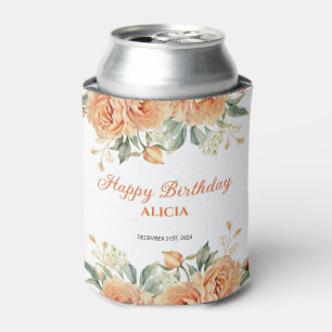Gold Leaf Orange Peony Rustic Floral Birthday Can Cooler